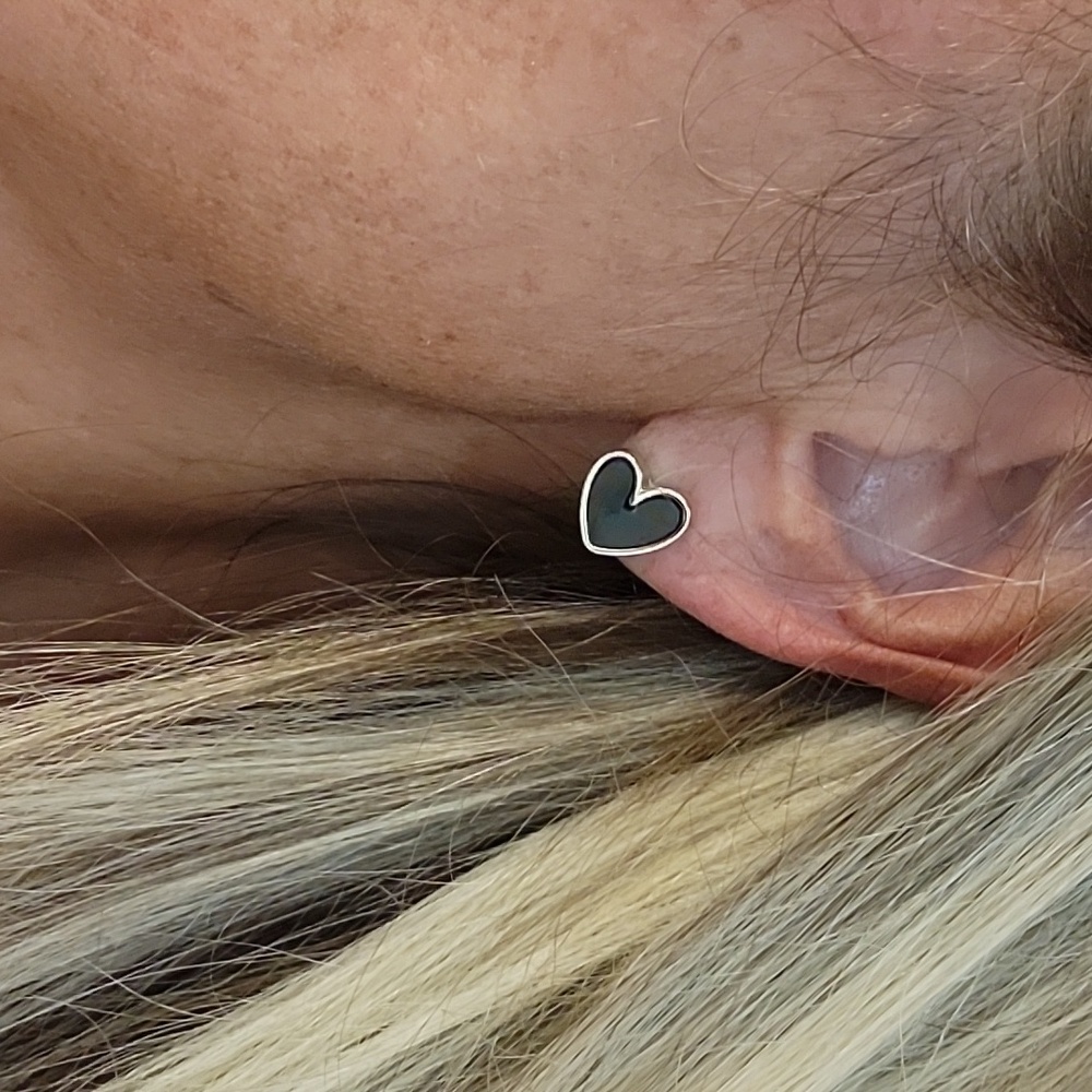 Gold and Black Heart Stud Earrings - Picture 3 of 7